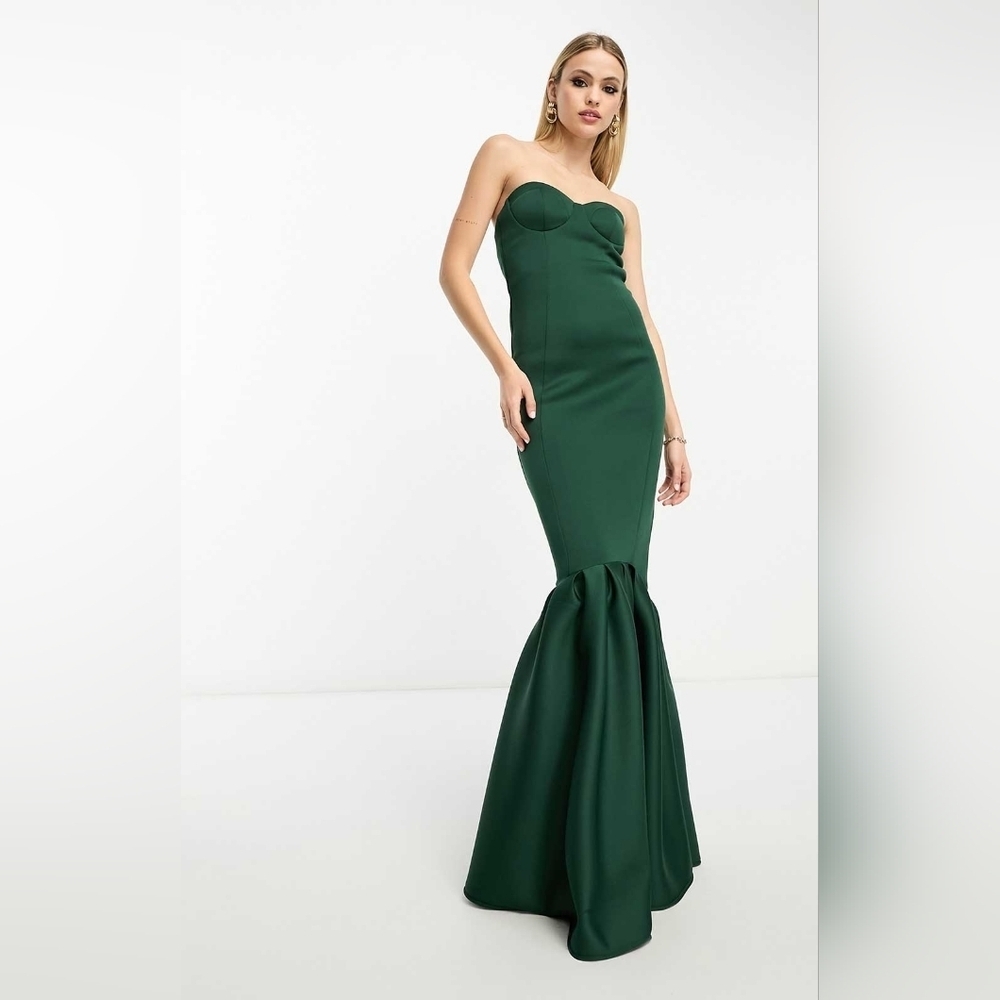 NWT Asos Design Tall Bandeau Peplum Hem Maxi Dress Dark Green Size 8 Tall​​​